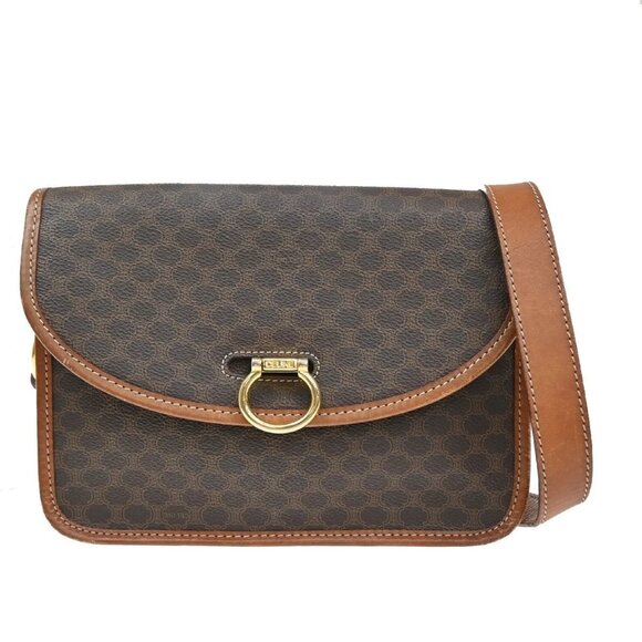 CELINE Logo Macadam Pattern Shoulder Bag PVC Leather Brown GHW Italy 62FC098 - Picture 1 of 16